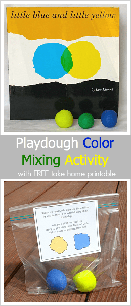 A fun playdough color mixing activity with free take-home printable! (Based on Leo Lionni's Little Blue and Little Yellow)~ BuggyandBuddy.com