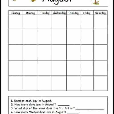 August Learning Calendar for Kids (Free Printable)