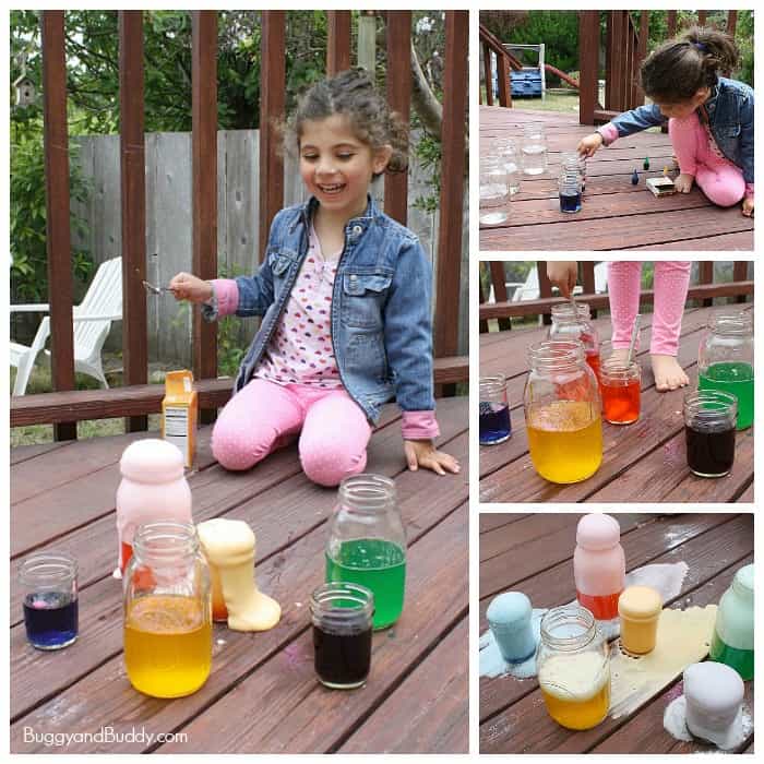 Hands-On Science Activity for Kids: Chemical reactions with baking soda and vinegar! (A fun way to explore color mixing too!) ~ BuggyandBuddy.com
