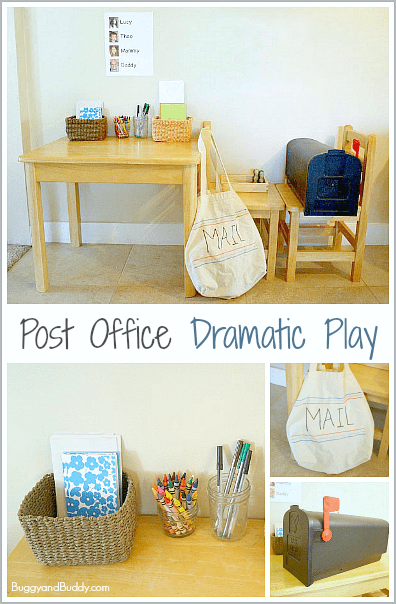 Make this dramatic play post office center to encourage imaginative play and writing! ~ BuggyandBuddy.com