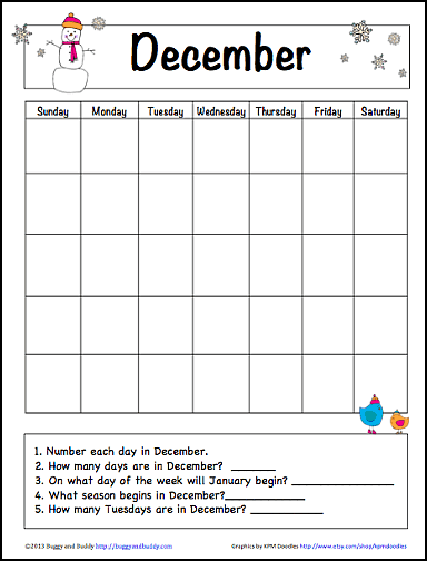 December Learning Calendar Free Printable~ Buggy and Buddy