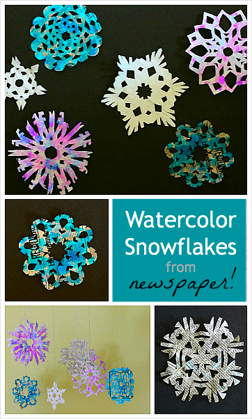 Watercolor Snowflakes Made from Newspaper! ~Buggy and Buddy