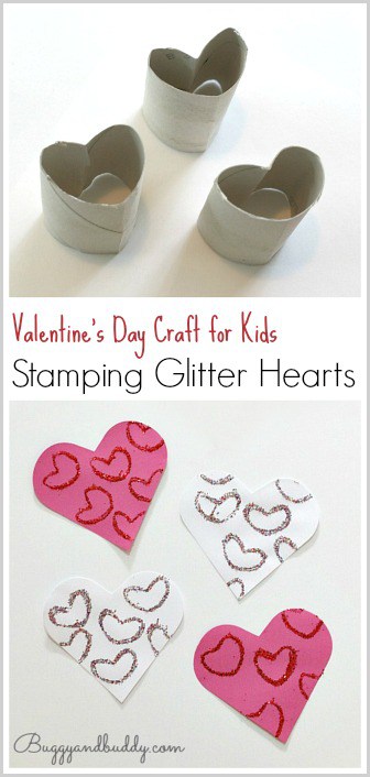 Use cardboard tubes to stamp glitter hearts! An easy Valentine's Day craft for kids!
