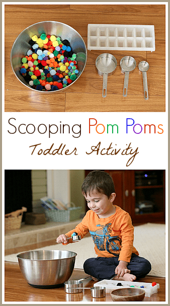 Toddler Activity: Scooping Pom Poms (Great opportunity to practice fine motor skills, color words, and basic math skills!) ~ Buggy and Buddy