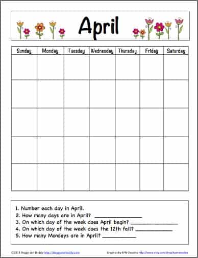April Learning Calendar for Kids (Free Printable)~ Buggy and Buddy