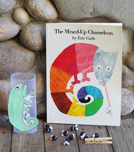 Fine Motor & Counting Activity for Eric Carle's The Mixed Up Chameleon (with FREE printable chameleon pattern)~ Buggy and Buddy