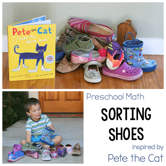 Preschool Math for Kids: Sorting Shoes hands-on math activity for kids inspired by Pete the Cat: I Love my White Shoes