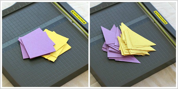 cut out paper squares and triangles for paper quilt activity for kids
