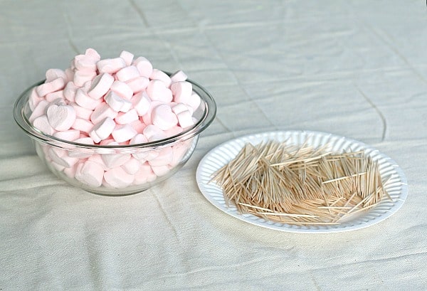 building with marshmallows and toothpicks for Valentine's Day