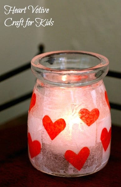 Makes a great teacher gift for Valentine's Day! (Tissue Paper Heart Votive Craft for Kids)~ BuggyandBuddy.com