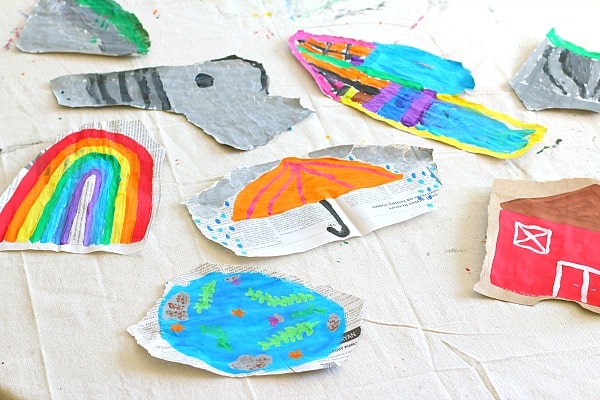 art for kids: painting on torn newspaper