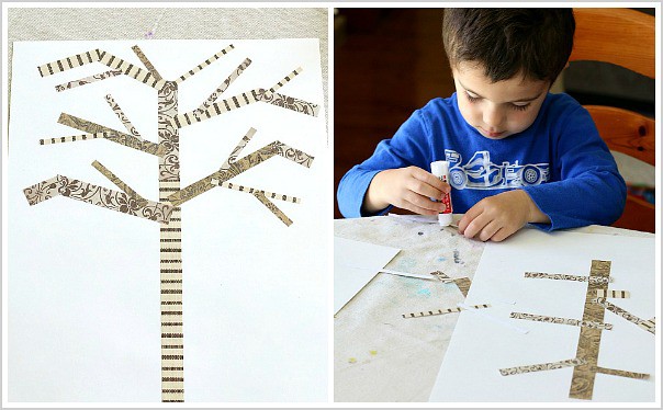 glue brown paper strips to make your family tree craft for kids