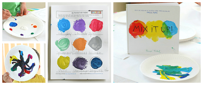 Color Mixing Free Printable inspired by Herve Tullet's Mix It Up! ~ Explore color theory and make and name your own colors! 