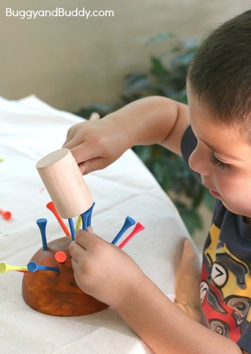 Fine Motor Turkey Activity for Preschoolers Using Golf Tees and a Mallet