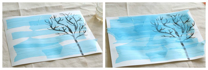 use liquid starch to adhere light blue tissue paper to your winter art