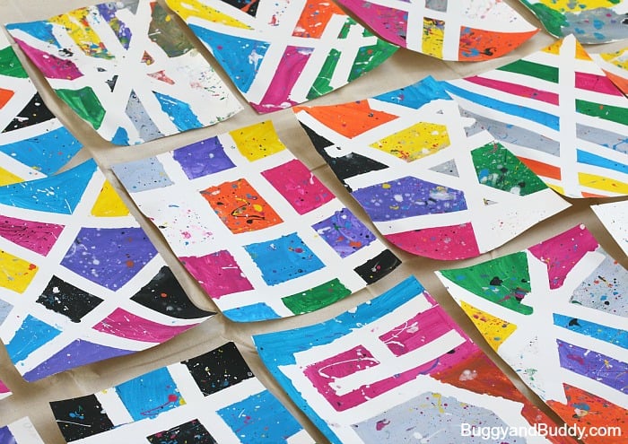 tape resist and splatter paint art project for kids