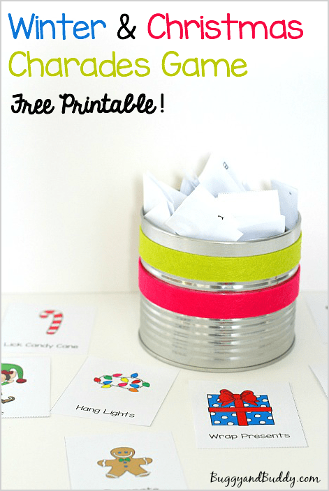 Winter and Christmas Charades Game for Kids- Free Printable! Perfect for a classroom Christmas party or family game night. Such fun way to get kids moving and using their imagination! ~ BuggyandBuddy.com