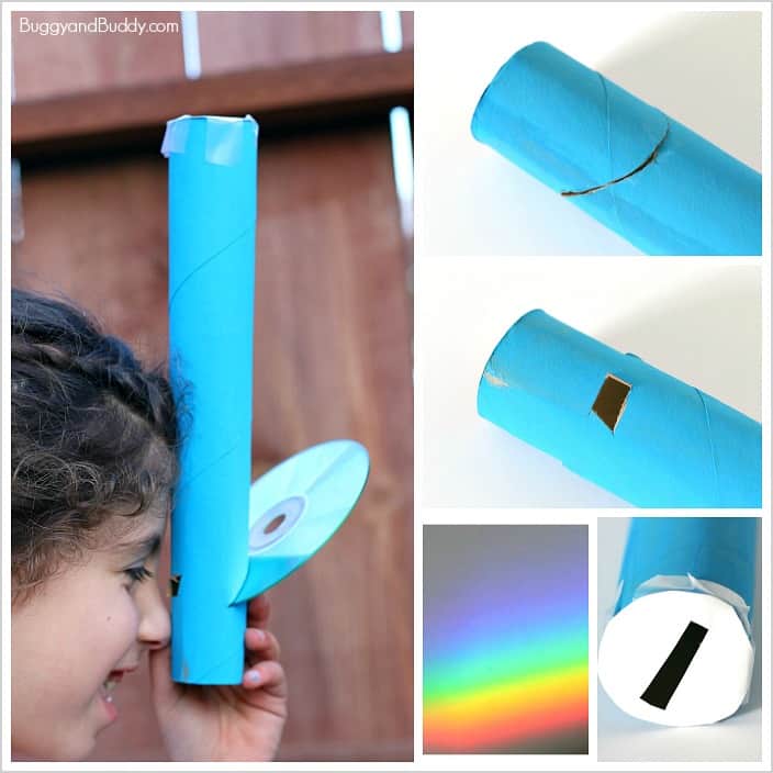 Rainbow Science for Kids: Homemade Spectroscope using a paper towel roll and a CD. Such a fun way to explore light! ~ BuggyandBuddy.com