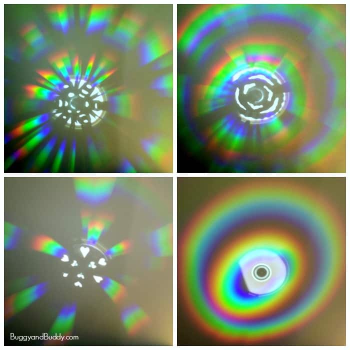STEM / Science for Kids: Exploring Rainbow Reflections with a CD and Paper Snowflakes- fun way to explore light! 