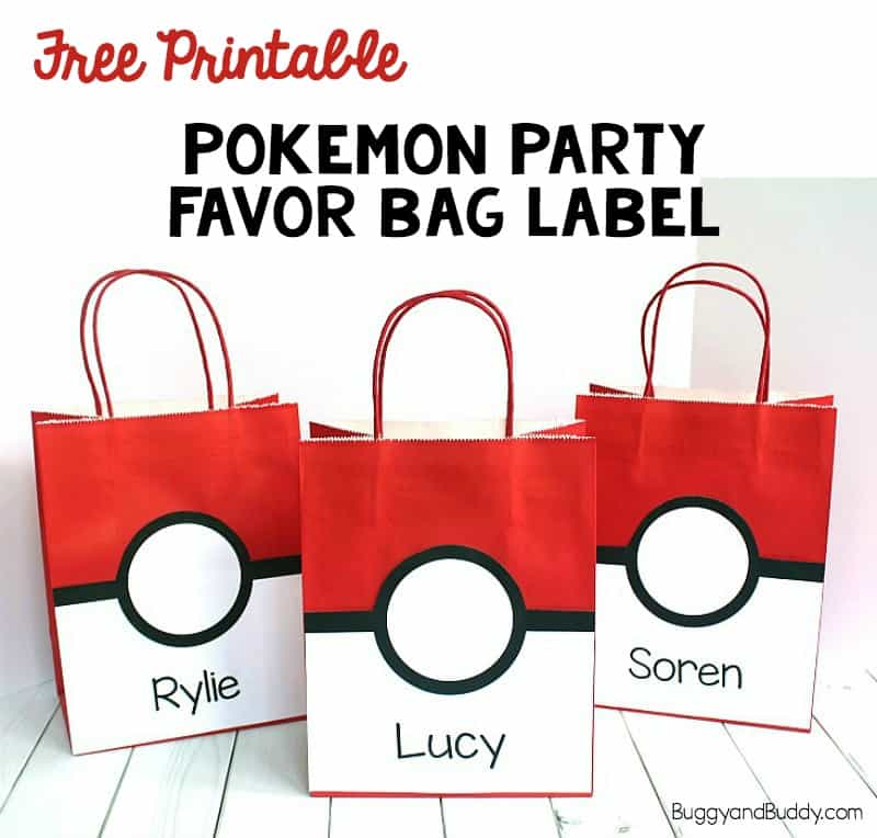free printable pokemon party favor bag label that looks like a pokeball and party favor ideas