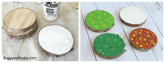 painting wooden slices to represent the four seasons