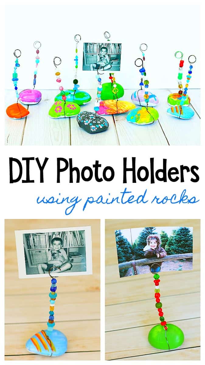 DIY Photo Holder for Kids using painted rocks or stones, wire, and beads. Sweet homemade gift or keepsake!