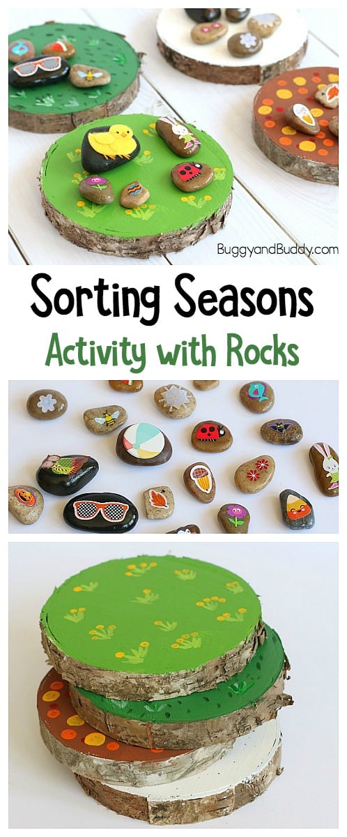 Seasons Activity for Kids: Sorting picture stones or rocks into various seasons.