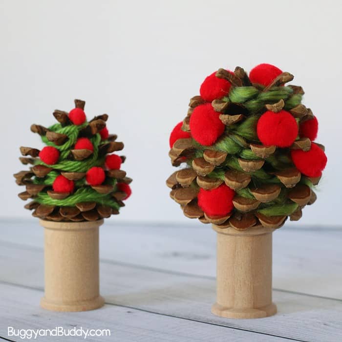Yarn-Wrapped Pinecone Apple Tree Craft for Kids