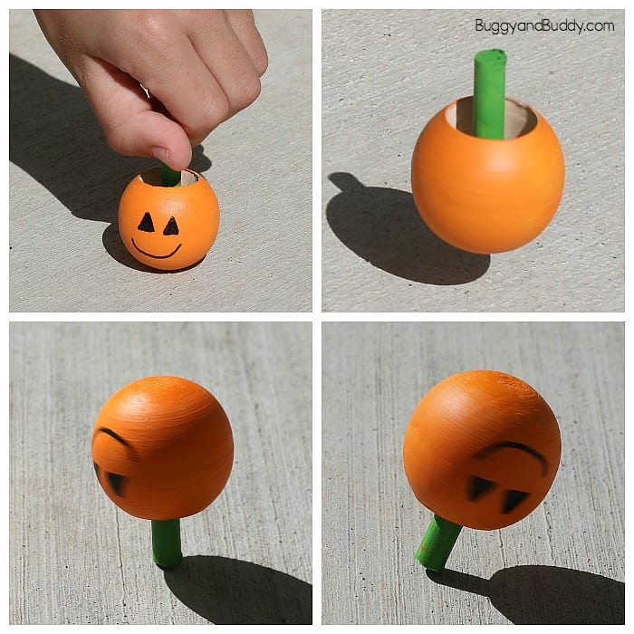 pumpkin spinning tops craft and science activity for kids for fall or Halloween