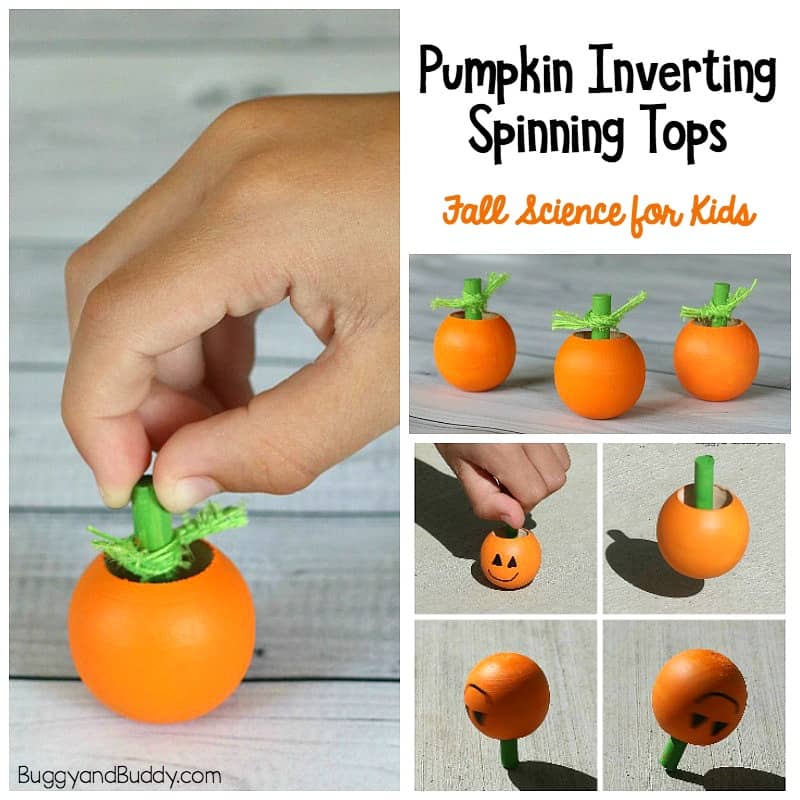 Fall and Halloween Science for Kids: Make pumpkin or jack-'o-lantern inverting spinning tops. Fun craft and STEM activity for kids to explore physics!