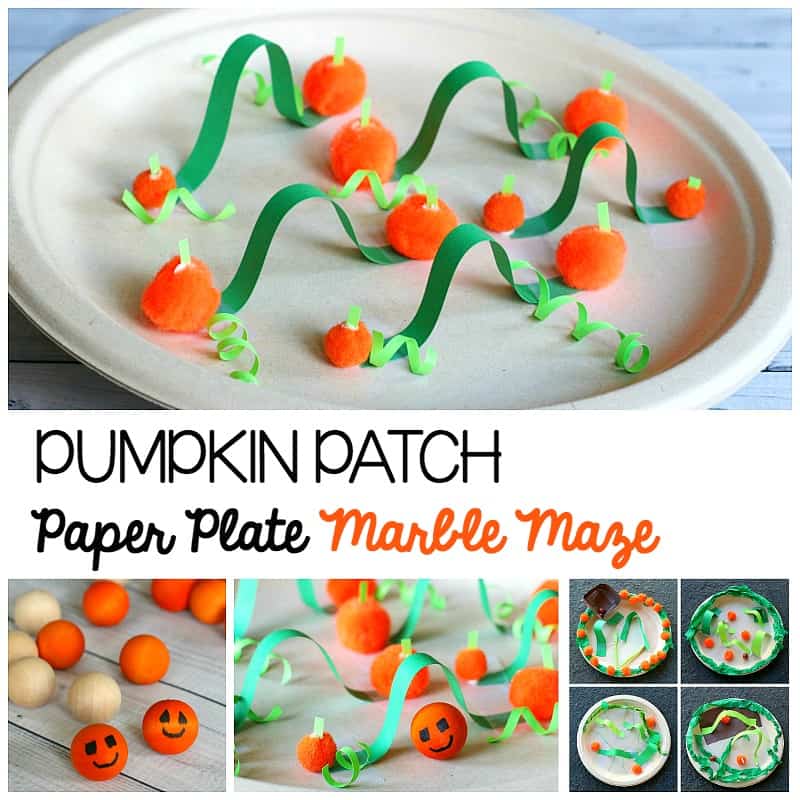 Halloween STEM Challenge for Kids: Make a pumpkin patch themed paper plate marble maze.