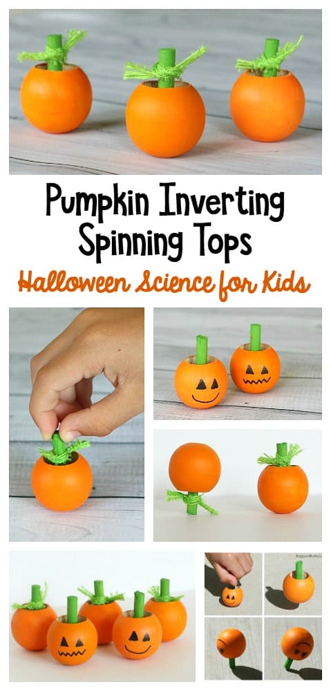 Fall and Halloween Science for Kids: Make pumpkin or jack-'o-lantern inverting spinning tops. Fun craft and STEM activity for kids to explore physics!