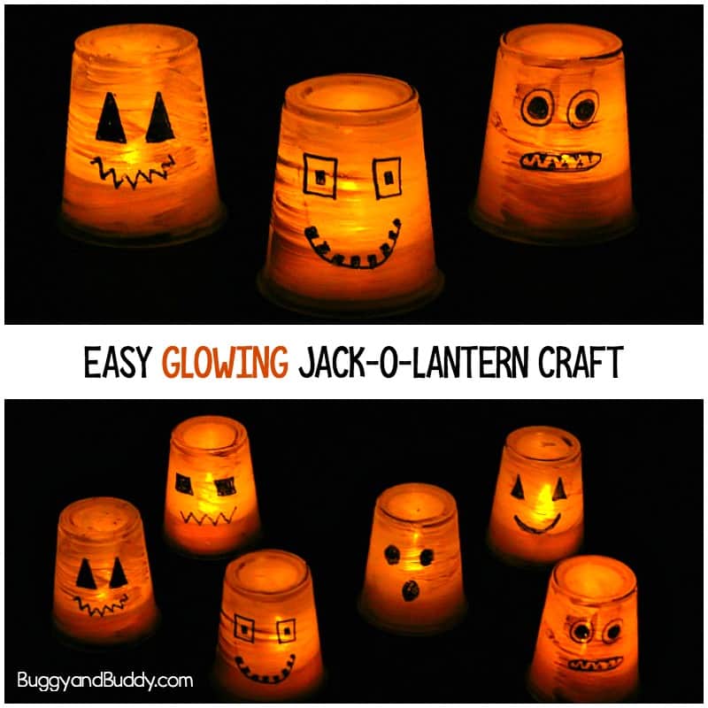 Halloween Crafts for Kids: Easy Glowing Jack-o-lantern craft using plastic cups