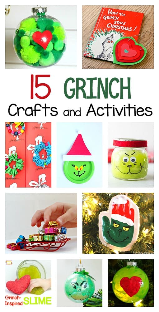 Grinch crafts and activities for kids to do this christmas including grinch slime, grinch ornaments, and grinch science and math