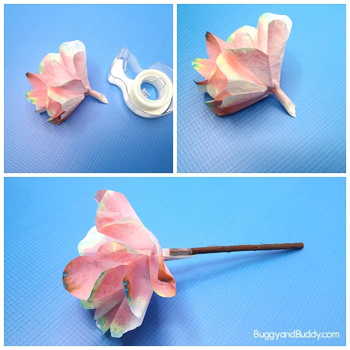 turn your coffee filter into a flower and tape it onto a twig