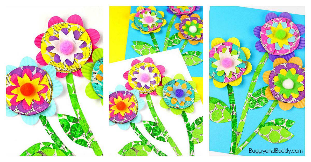 Mixed Media Flower Craft for Kids: Flower craft using newspaper, bubble wrap, cupcake liners. Perfect for spring and Mother's Day