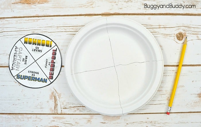 segment your paper plate into four sections for your spinner superhero Father's Day card