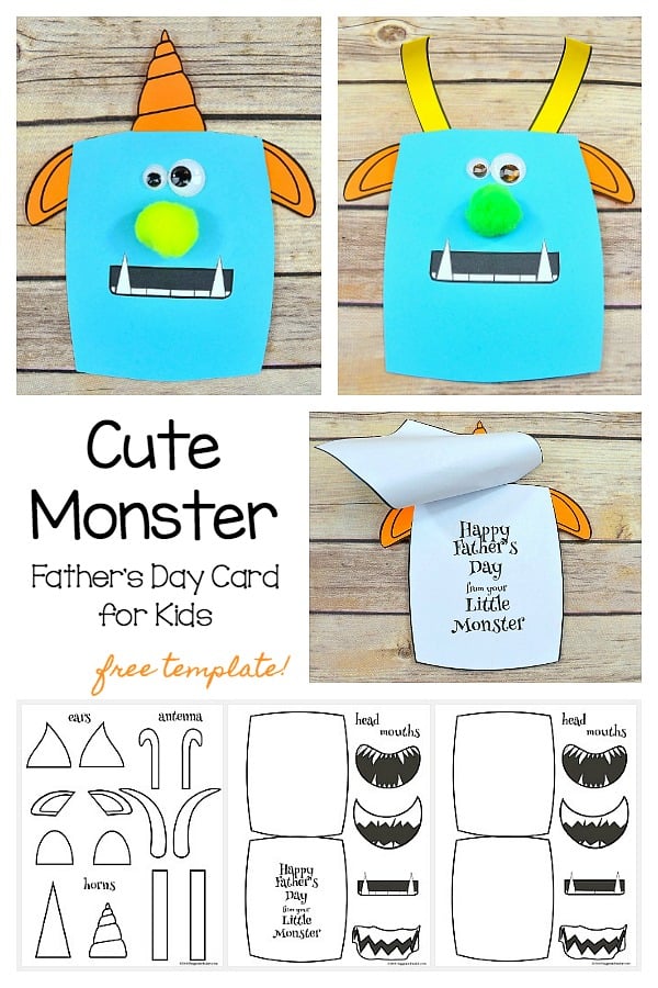 Cute Monster Father's Day Card Craft for Kids to make with free monster templates