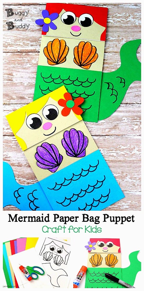 Mermaid Paper Bag Puppet Craft for Kids with free printable PDF mermaid template 