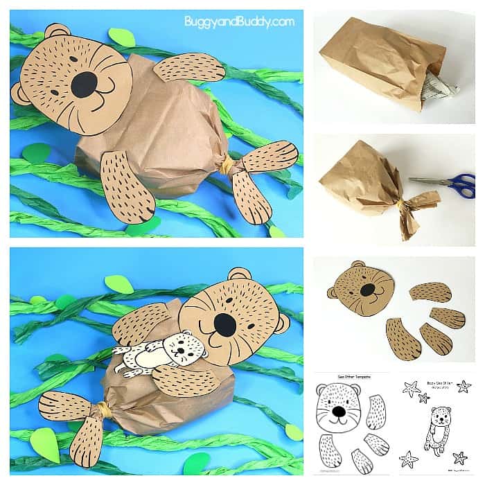 Paper Bag Sea Otter Craft for Kids with free printable sea otter and baby sea otter template- fun ocean or sea life craft