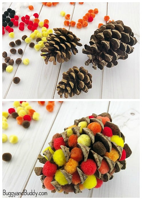 add pompoms to your pinecones