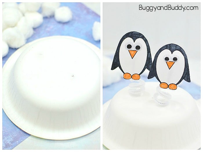 punch two holes into your bowl and add your pipe cleaner penguins